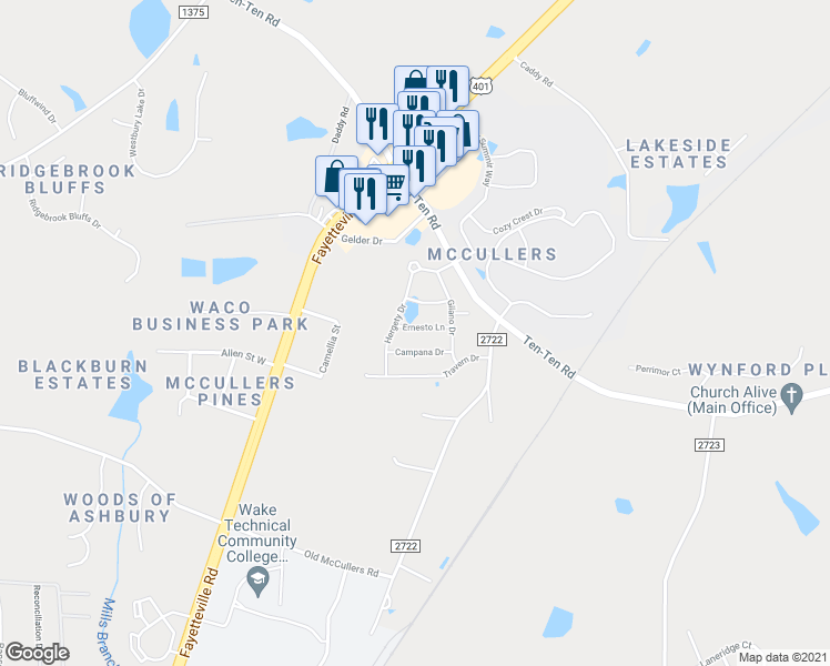 map of restaurants, bars, coffee shops, grocery stores, and more near 2027 Ernesto Lane in Raleigh