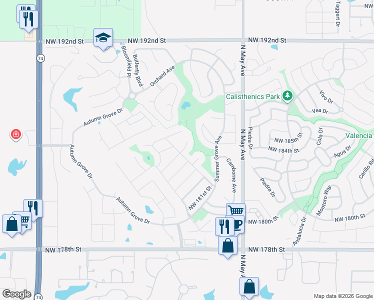 map of restaurants, bars, coffee shops, grocery stores, and more near 18404 Scarborough Drive in Edmond