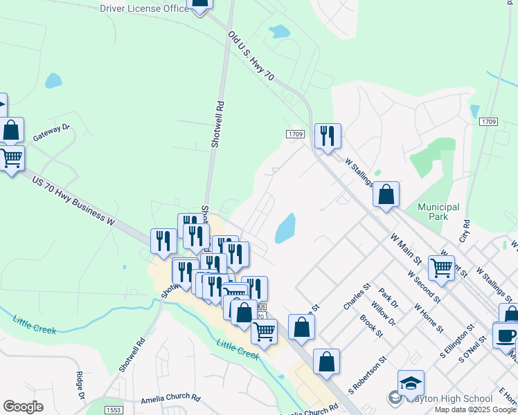 map of restaurants, bars, coffee shops, grocery stores, and more near 140 Enterprise Drive in Clayton