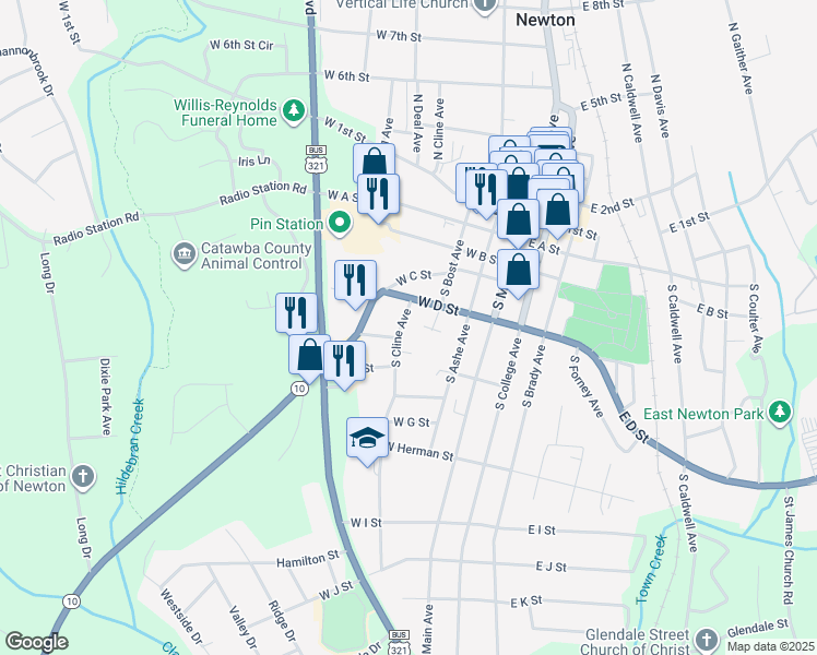 map of restaurants, bars, coffee shops, grocery stores, and more near 345 South Cline Avenue in Newton