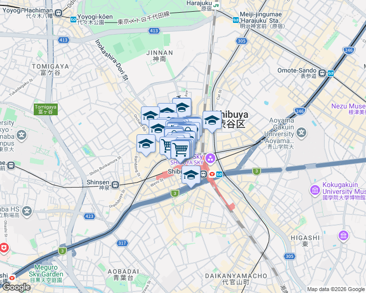 map of restaurants, bars, coffee shops, grocery stores, and more near in Shibuya