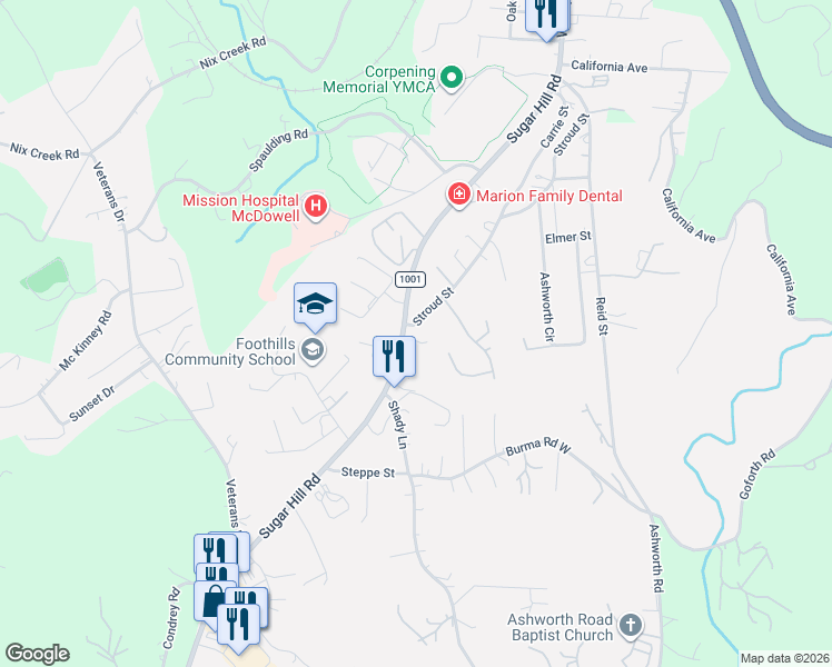 map of restaurants, bars, coffee shops, grocery stores, and more near 1955 Sugar Hill Road in Marion