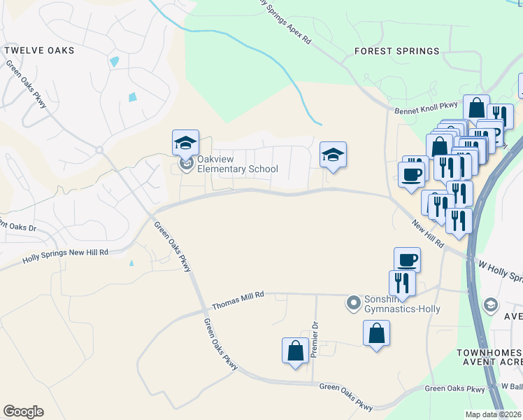map of restaurants, bars, coffee shops, grocery stores, and more near 5855 New Hill Road in Holly Springs