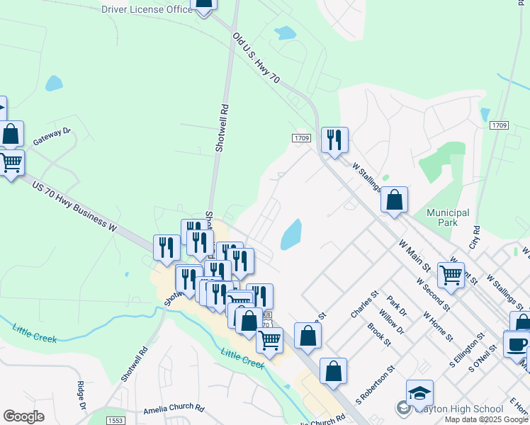 map of restaurants, bars, coffee shops, grocery stores, and more near 140 Enterprise Drive in Clayton