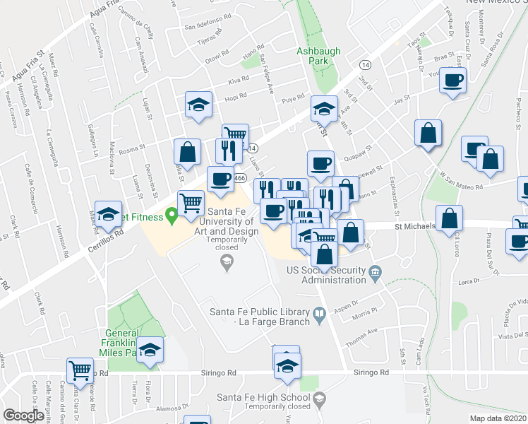 map of restaurants, bars, coffee shops, grocery stores, and more near 1604 Saint Michaels Drive in Santa Fe