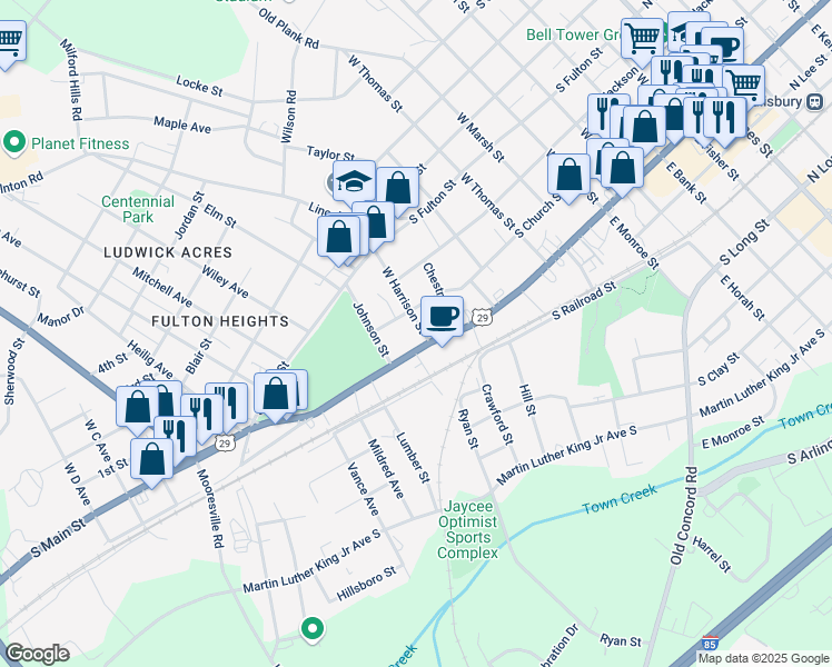 map of restaurants, bars, coffee shops, grocery stores, and more near 1009 South Main Street in Salisbury
