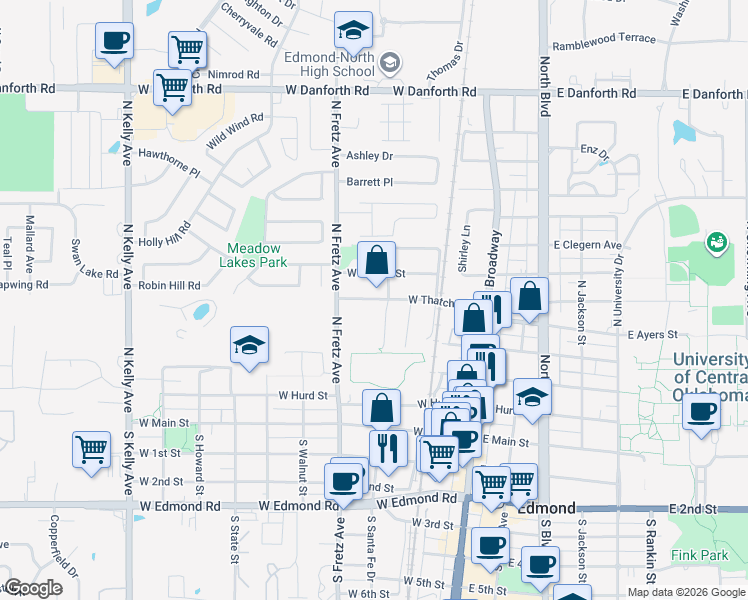 map of restaurants, bars, coffee shops, grocery stores, and more near 416 Chalk Hill Court in Edmond