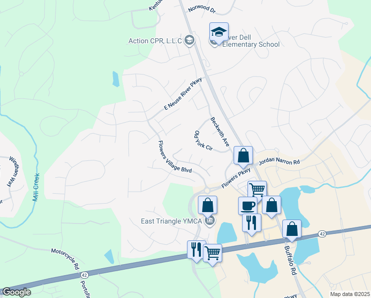 map of restaurants, bars, coffee shops, grocery stores, and more near 106 White Pine Drive in Clayton