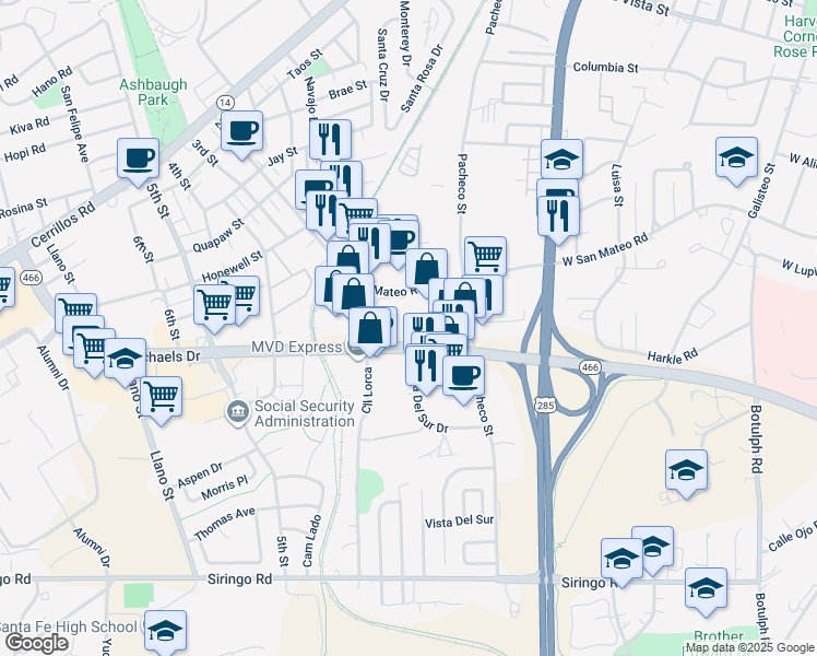 map of restaurants, bars, coffee shops, grocery stores, and more near 805 Saint Michaels Drive in Santa Fe