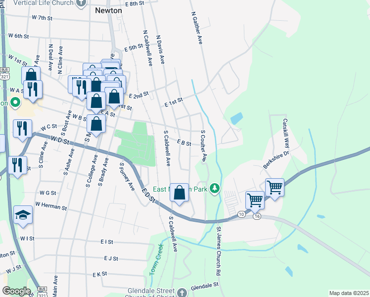 map of restaurants, bars, coffee shops, grocery stores, and more near 611 East B Street in Newton