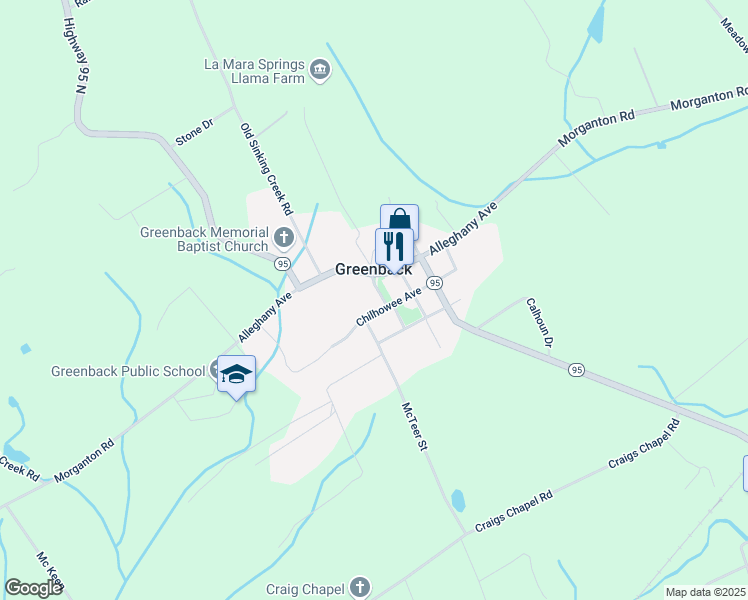 map of restaurants, bars, coffee shops, grocery stores, and more near 310 Chilhowee Avenue in Greenback