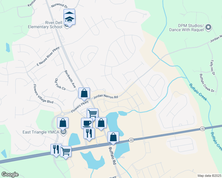 map of restaurants, bars, coffee shops, grocery stores, and more near 204 South Great White Way in Clayton