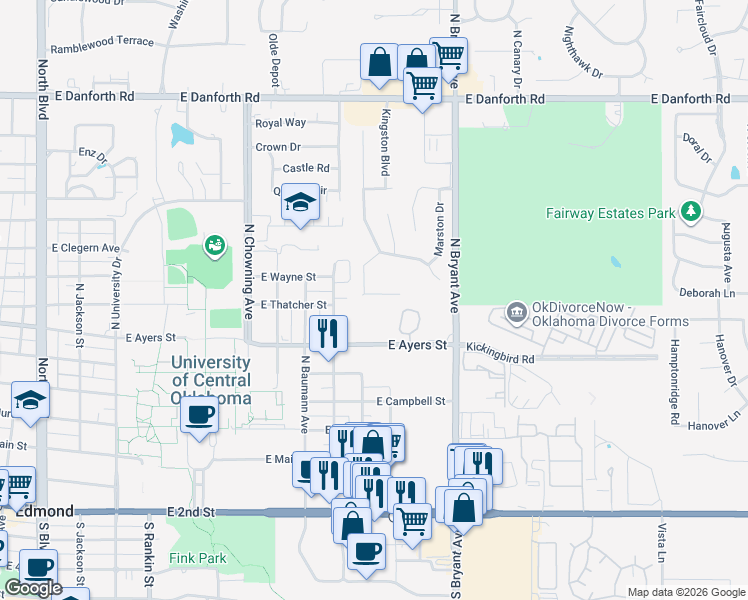 map of restaurants, bars, coffee shops, grocery stores, and more near 1208 Knights Bridge Road in Edmond
