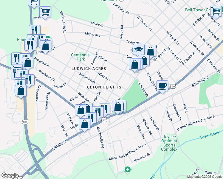 map of restaurants, bars, coffee shops, grocery stores, and more near 203 Mitchell Avenue in Salisbury