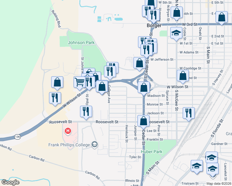 map of restaurants, bars, coffee shops, grocery stores, and more near 1109-1205 Madison Street in Borger