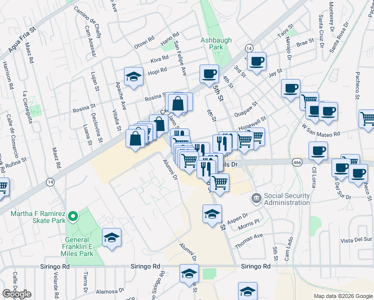map of restaurants, bars, coffee shops, grocery stores, and more near 1604 Saint Michaels Drive in Santa Fe