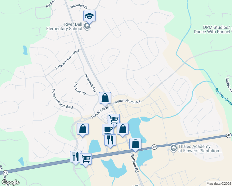 map of restaurants, bars, coffee shops, grocery stores, and more near 91 Pale Moss Drive in Clayton
