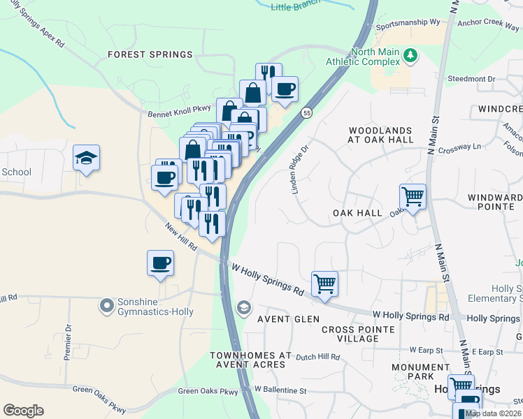 map of restaurants, bars, coffee shops, grocery stores, and more near 157 Sudano Court in Holly Springs