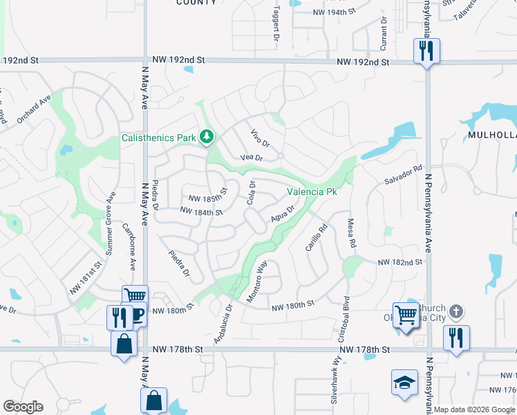 map of restaurants, bars, coffee shops, grocery stores, and more near 18305 Cola Drive in Edmond