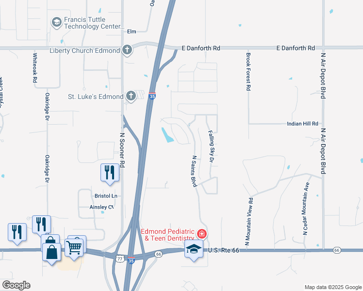 map of restaurants, bars, coffee shops, grocery stores, and more near North Saints Boulevard in Edmond