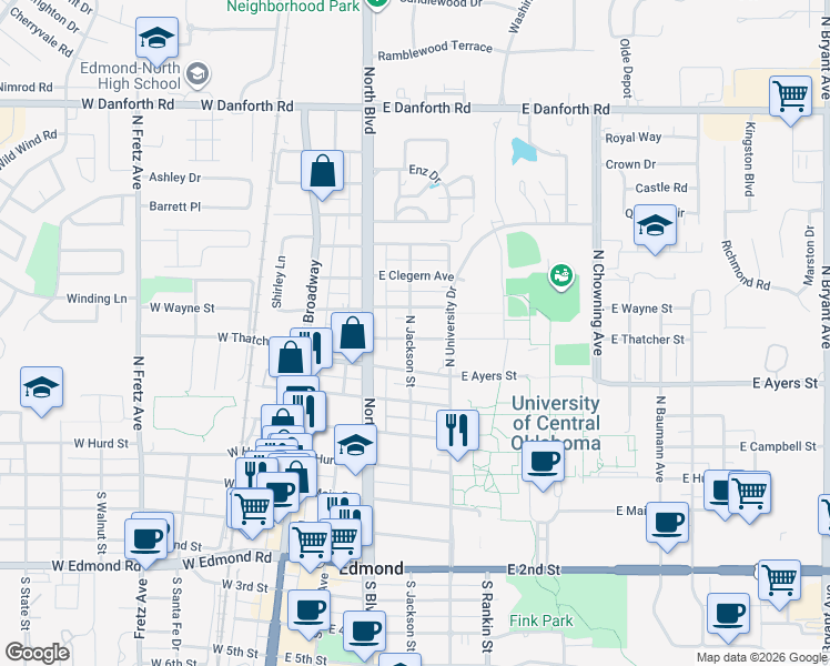 map of restaurants, bars, coffee shops, grocery stores, and more near 311 East Ayers Street in Edmond