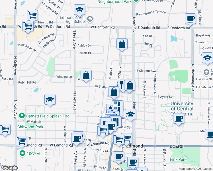 map of restaurants, bars, coffee shops, grocery stores, and more near 37 West Thatcher Street in Edmond