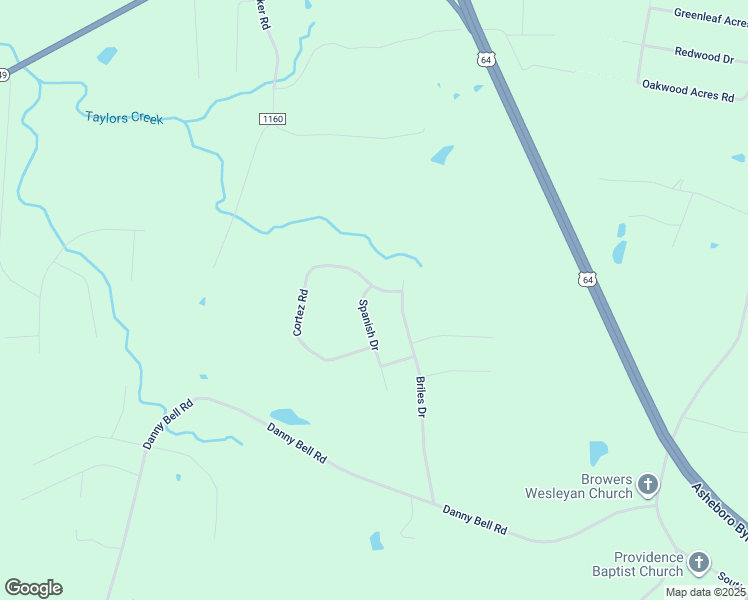 map of restaurants, bars, coffee shops, grocery stores, and more near 1317 Spanish Drive in Asheboro