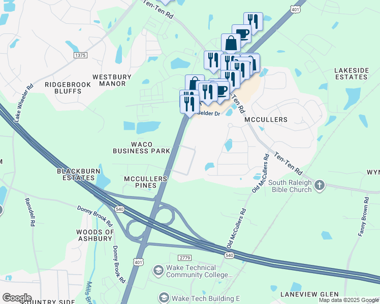 map of restaurants, bars, coffee shops, grocery stores, and more near 8400 Camellia Street in Raleigh