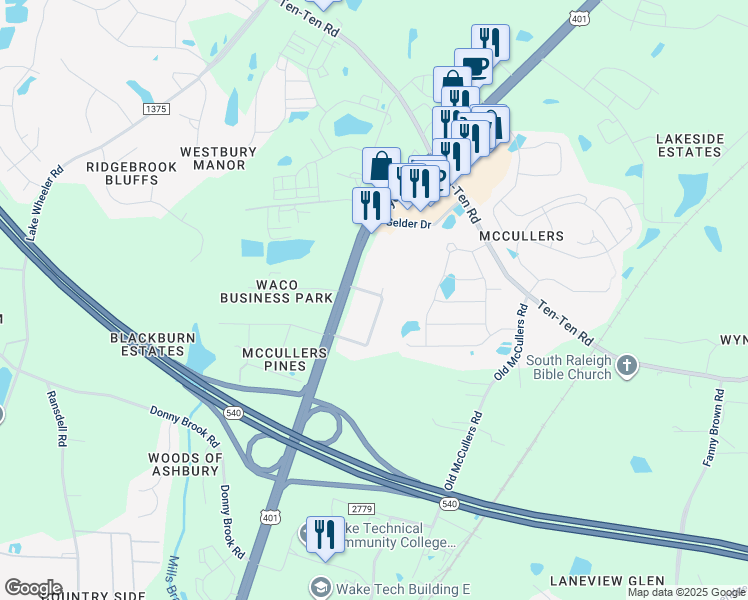 map of restaurants, bars, coffee shops, grocery stores, and more near 8400 Camellia Street in Raleigh