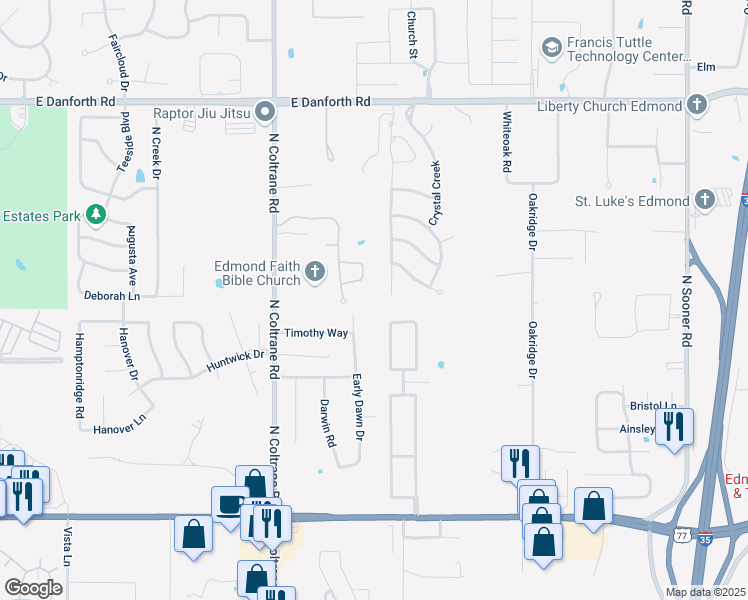 map of restaurants, bars, coffee shops, grocery stores, and more near 3133 Quail Run Drive in Edmond