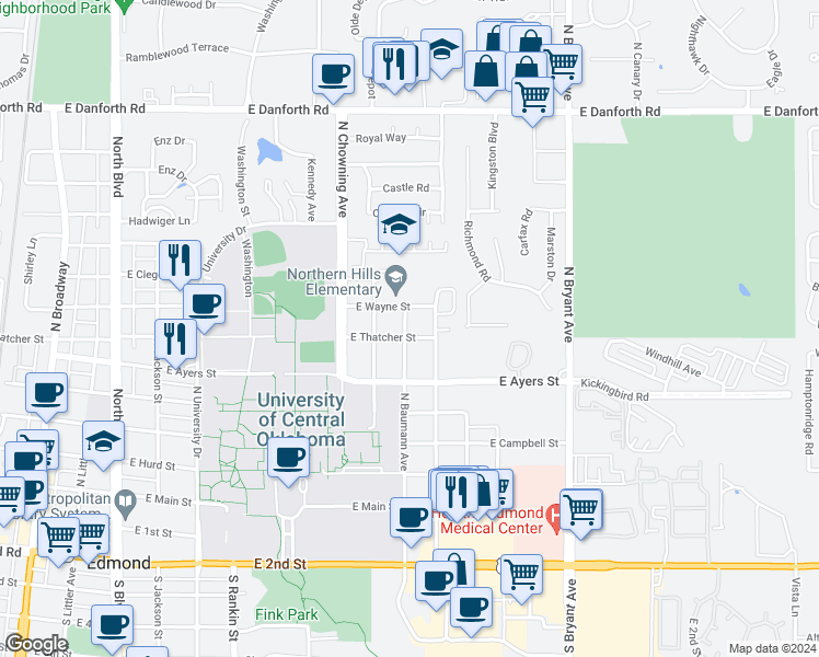 map of restaurants, bars, coffee shops, grocery stores, and more near 920 East Wayne Street in Edmond