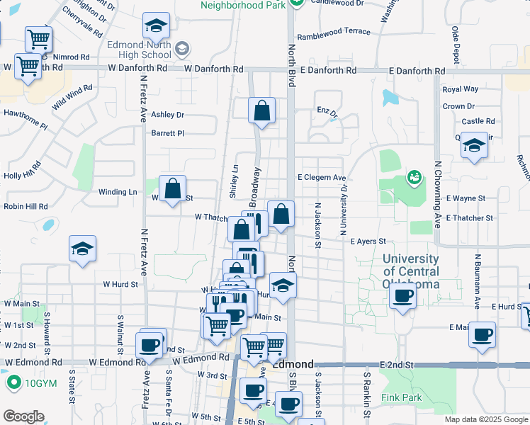 map of restaurants, bars, coffee shops, grocery stores, and more near 601 North Broadway in Edmond