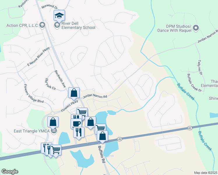 map of restaurants, bars, coffee shops, grocery stores, and more near 53 Gaillardia Way in Clayton