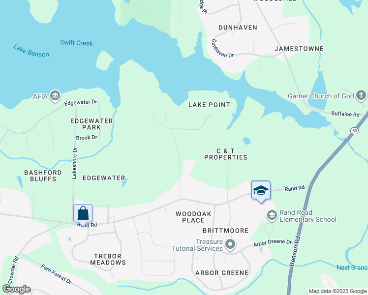 map of restaurants, bars, coffee shops, grocery stores, and more near 8101 Middleton Road in Garner