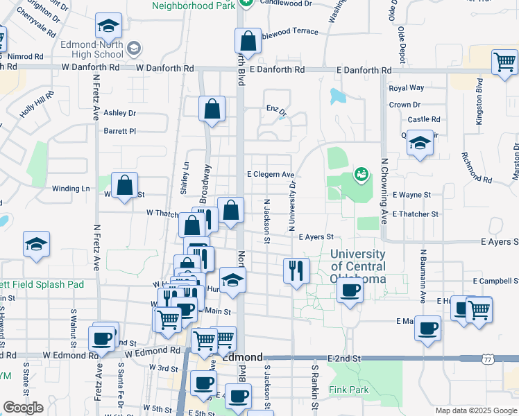 map of restaurants, bars, coffee shops, grocery stores, and more near 2545 South Kelly Avenue in Edmond