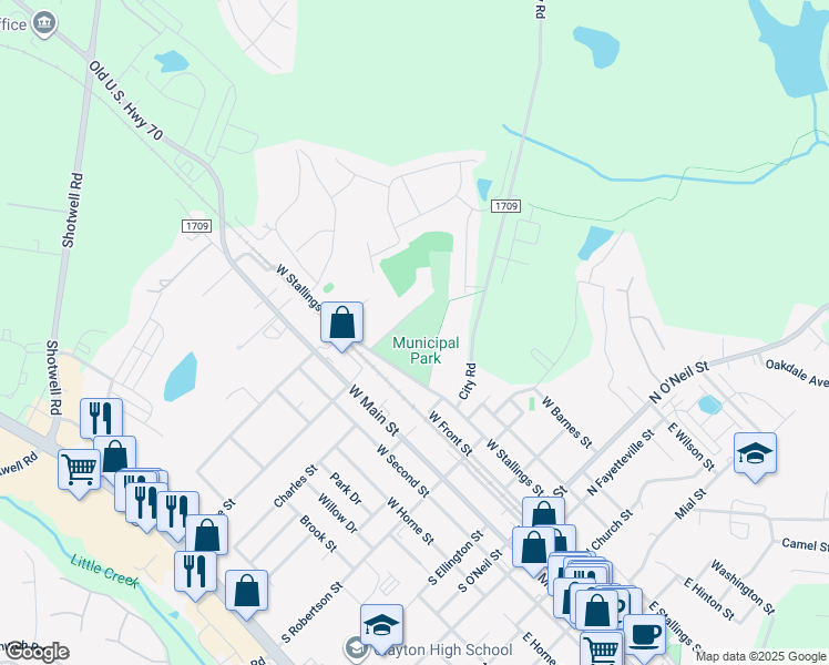 map of restaurants, bars, coffee shops, grocery stores, and more near 325 McCullers Street in Clayton
