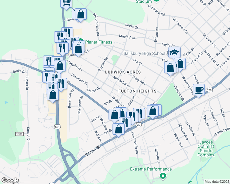 map of restaurants, bars, coffee shops, grocery stores, and more near 425 Maupin Avenue in Salisbury