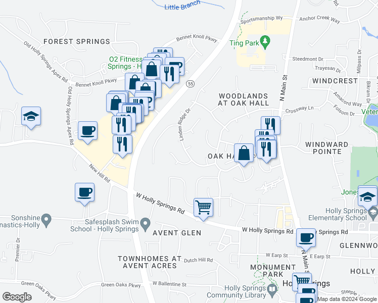 map of restaurants, bars, coffee shops, grocery stores, and more near 1201 Linden Ridge Drive in Holly Springs