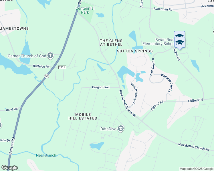 map of restaurants, bars, coffee shops, grocery stores, and more near 116 Oregon Trail in Garner