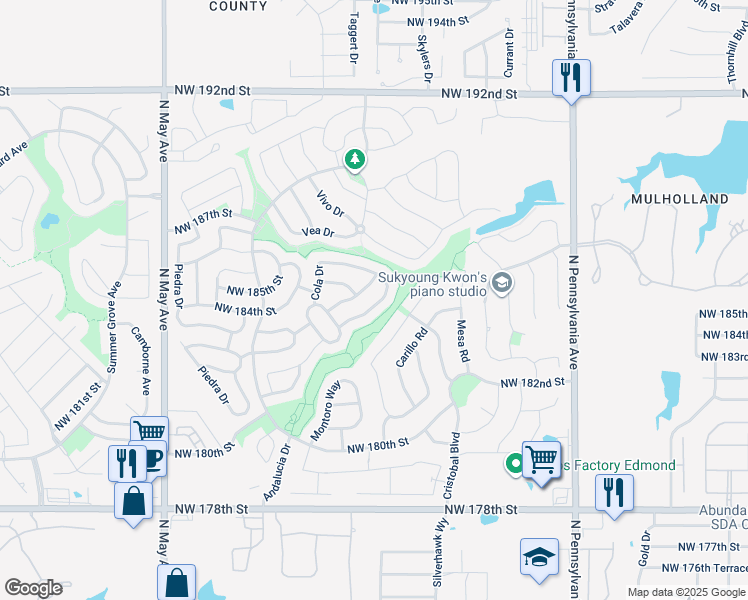 map of restaurants, bars, coffee shops, grocery stores, and more near 18609 Agua Drive in Edmond