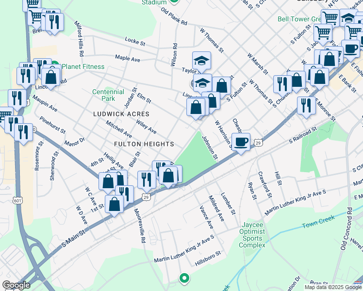 map of restaurants, bars, coffee shops, grocery stores, and more near 1130 South Fulton Street in Salisbury