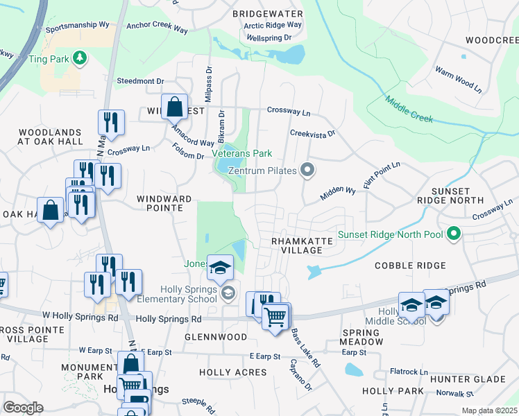 map of restaurants, bars, coffee shops, grocery stores, and more near 124 Canford Way in Holly Springs