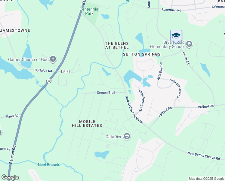 map of restaurants, bars, coffee shops, grocery stores, and more near 116 Oregon Trail in Garner
