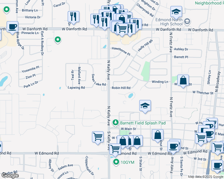 map of restaurants, bars, coffee shops, grocery stores, and more near 816 Robin Hill Road in Edmond