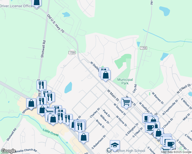 map of restaurants, bars, coffee shops, grocery stores, and more near 908 West Main Street in Clayton
