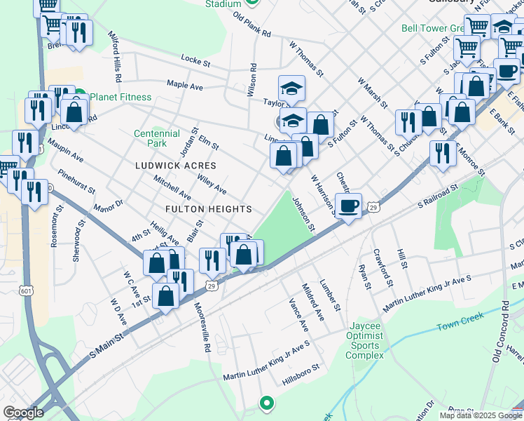 map of restaurants, bars, coffee shops, grocery stores, and more near 1130 South Fulton Street in Salisbury