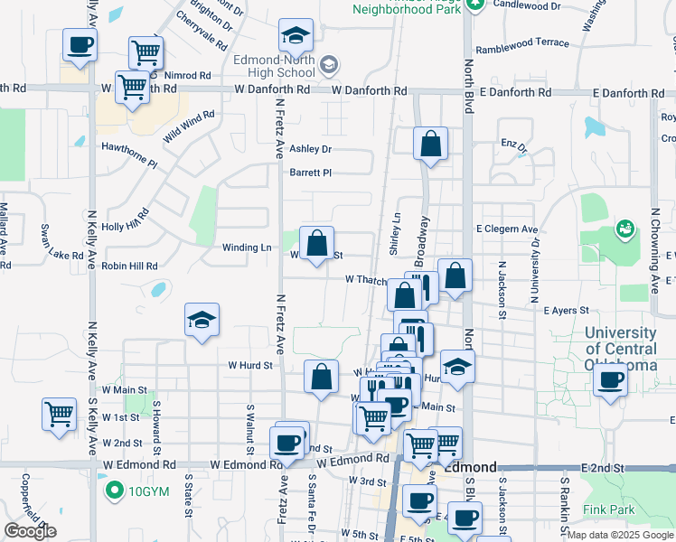 map of restaurants, bars, coffee shops, grocery stores, and more near 200 West Wayne Street in Edmond