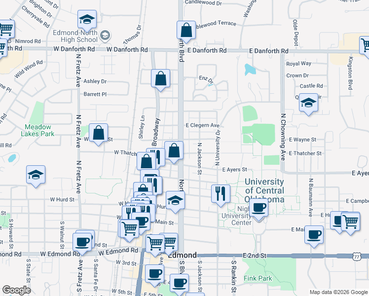 map of restaurants, bars, coffee shops, grocery stores, and more near 2545 South Kelly Avenue in Edmond