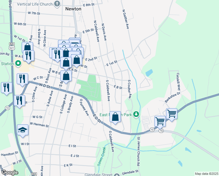 map of restaurants, bars, coffee shops, grocery stores, and more near 505 East B Street in Newton