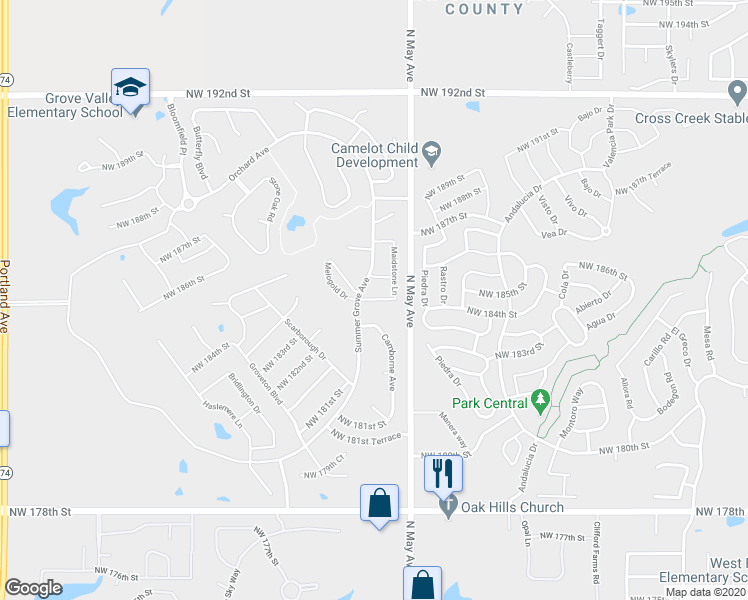 map of restaurants, bars, coffee shops, grocery stores, and more near 3124 Northwest 184th Street in Edmond